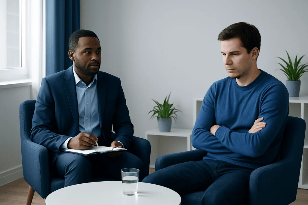 Therapist and patient in a counseling session discussing behavior.