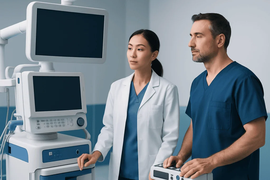 Medical professionals operating ultrasound equipment in a hospital setting.