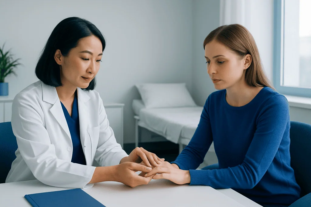 Doctor examining patient's hand in a medical consultation room.