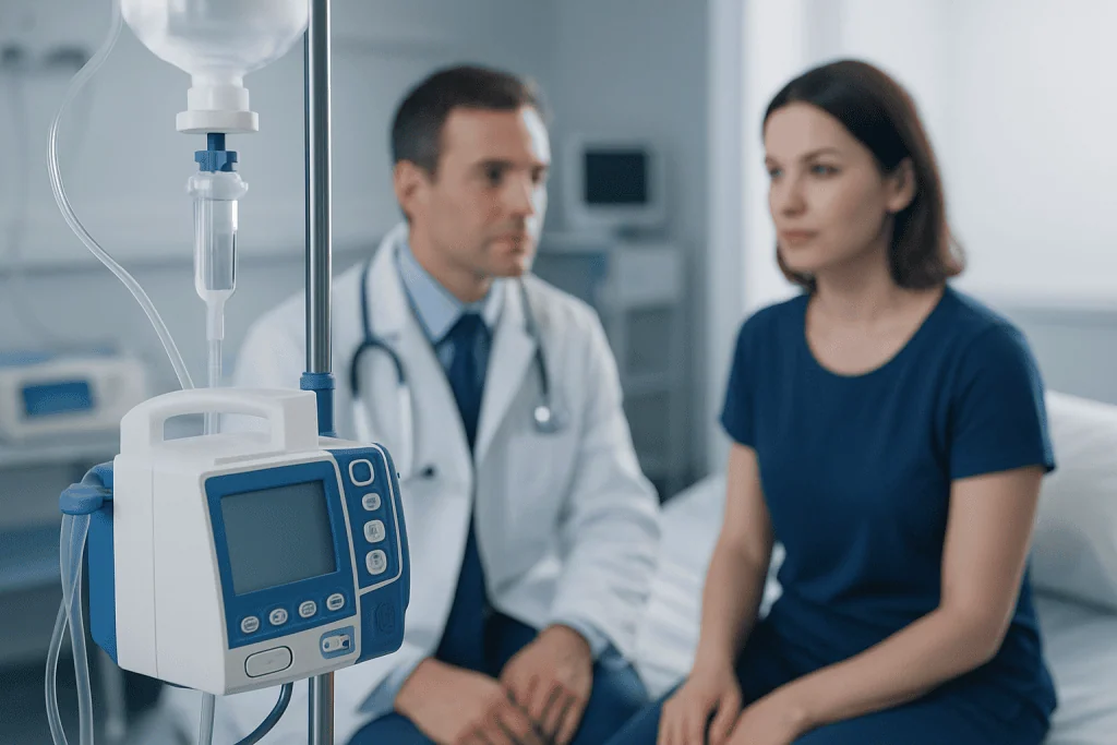 Doctor consulting patient in hospital room with medical equipment nearby.