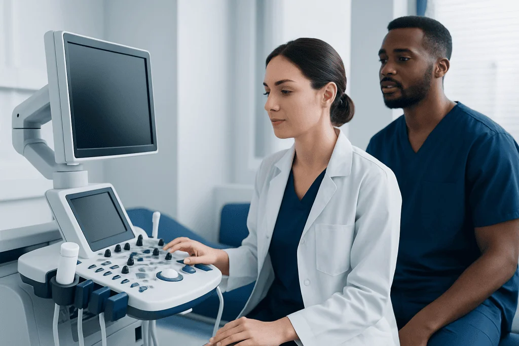 Medical professionals using ultrasound equipment in a hospital setting.