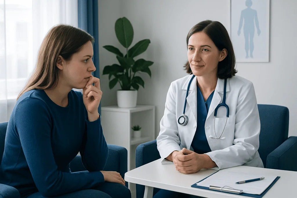 Doctor consulting with a patient about cheek biting at Acibadem Hospital.