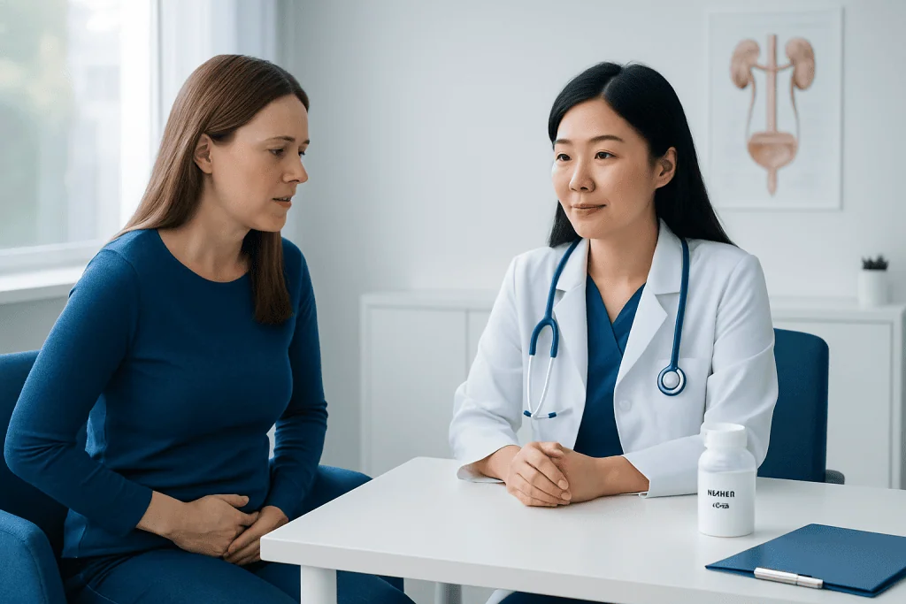 Doctor consulting a patient about urinary health in a clinical setting.