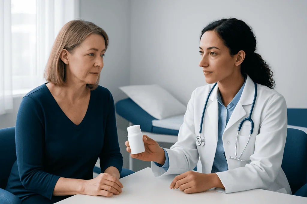 Doctor explaining medication to a patient in a clinical setting.