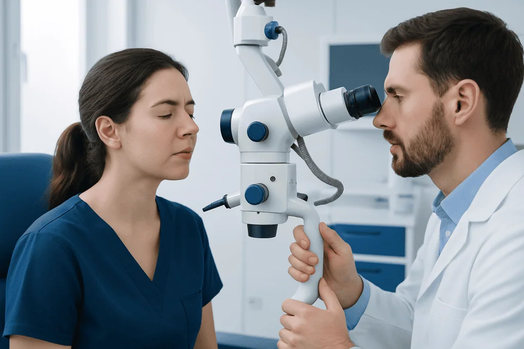 Doctor examining woman's eye with a slit lamp in a clinical setting.