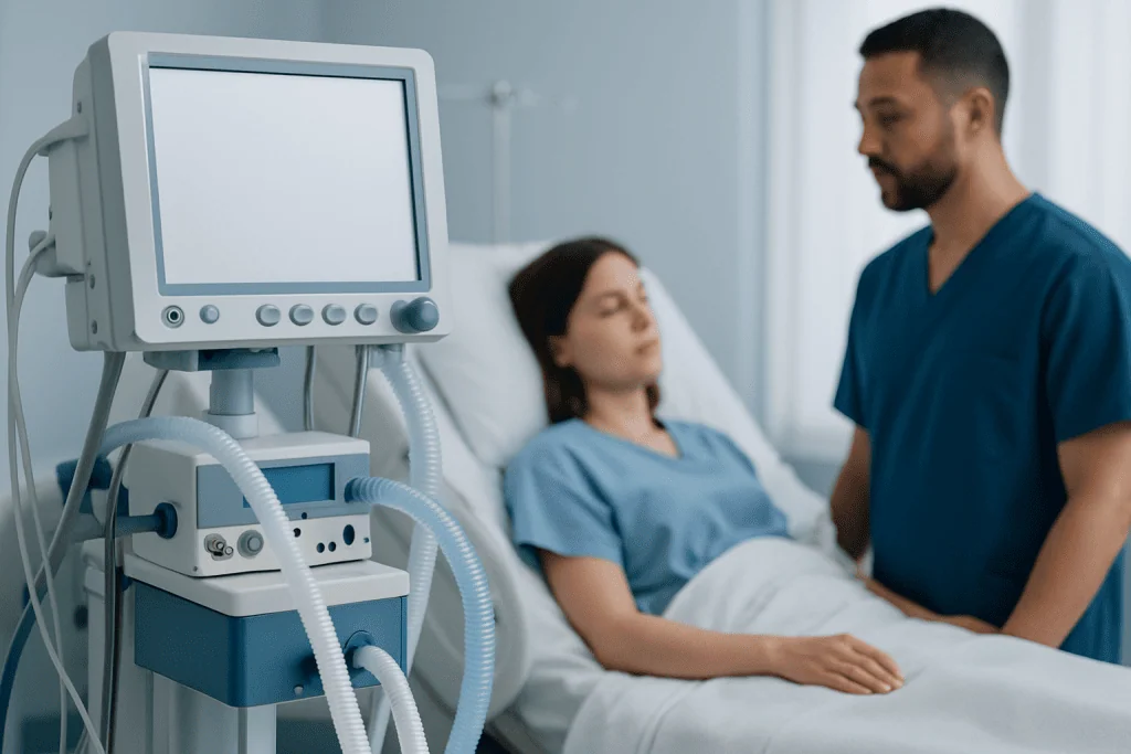 Hospital room with patient and healthcare professional near medical equipment.