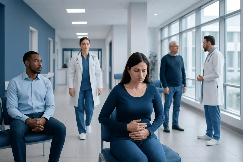 Why Am I So Gassy on My Period? Causes, Explanations, and Next Steps 1 Woman experiencing abdominal discomfort in a hospital corridor with medical staff nearby.