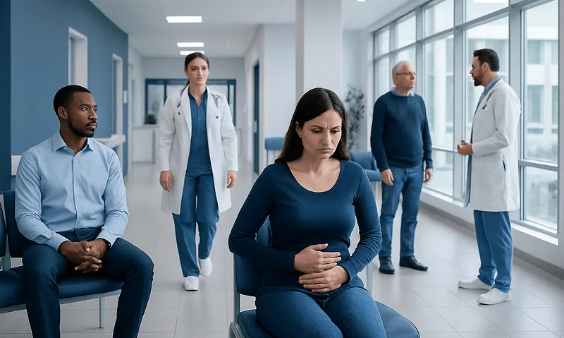 Woman experiencing abdominal discomfort in a hospital corridor with medical staff nearby.