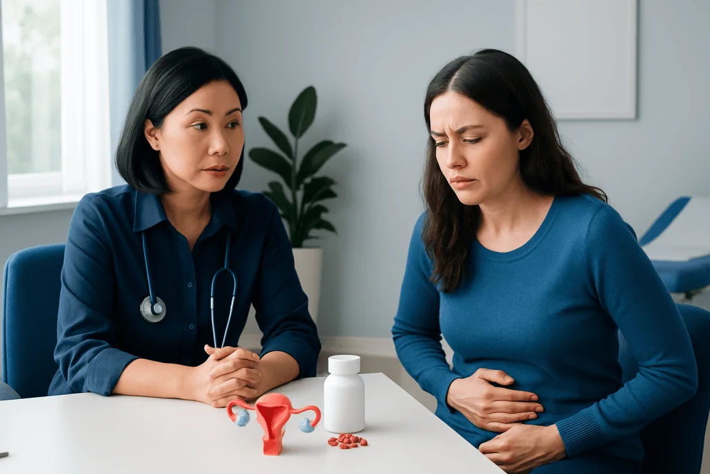 Doctor explaining heavy periods and iron deficiency to patient in clinic.