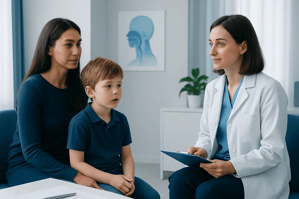 Child with speech issues consulting a doctor in a medical office.