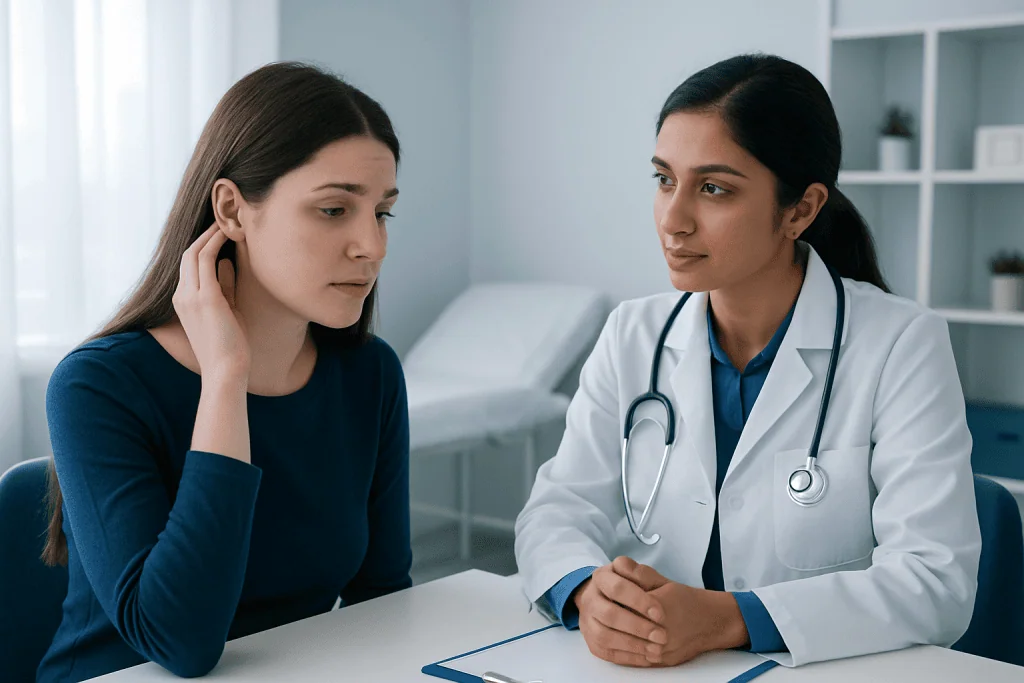Doctor consulting with a young woman about piercing rejection.