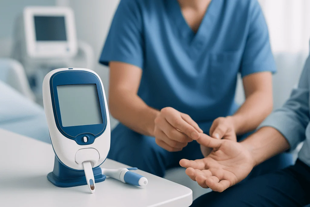 Diabetes management with blood glucose monitoring device in hospital setting.