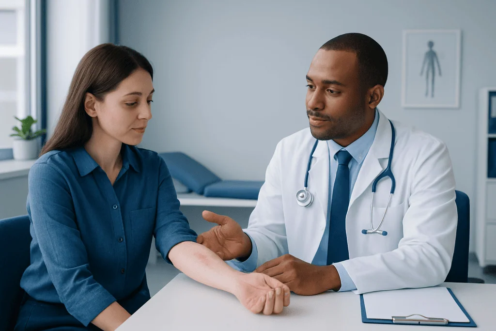 Doctor examining patient's arm in a medical consultation room.