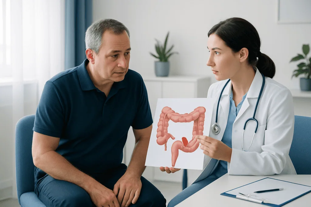 Doctor explaining large intestinal polyp to patient with colon diagram.