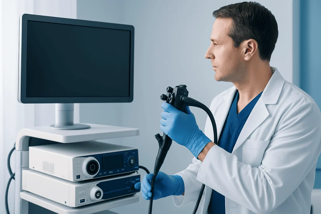 Doctor preparing for a colonoscopy with medical equipment and monitor.