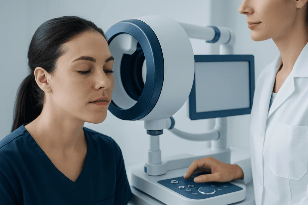 Woman undergoing eye examination with medical equipment at Acibadem Hospital.