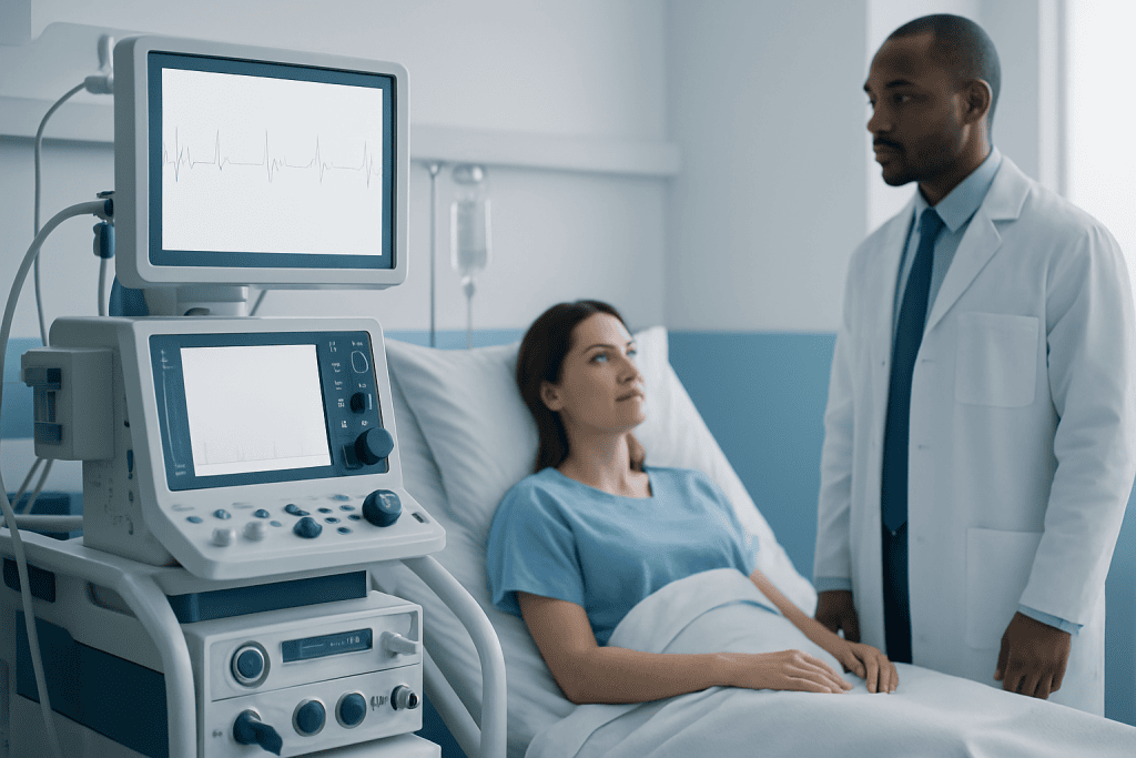 Doctor monitoring patient with ECG equipment in hospital room.