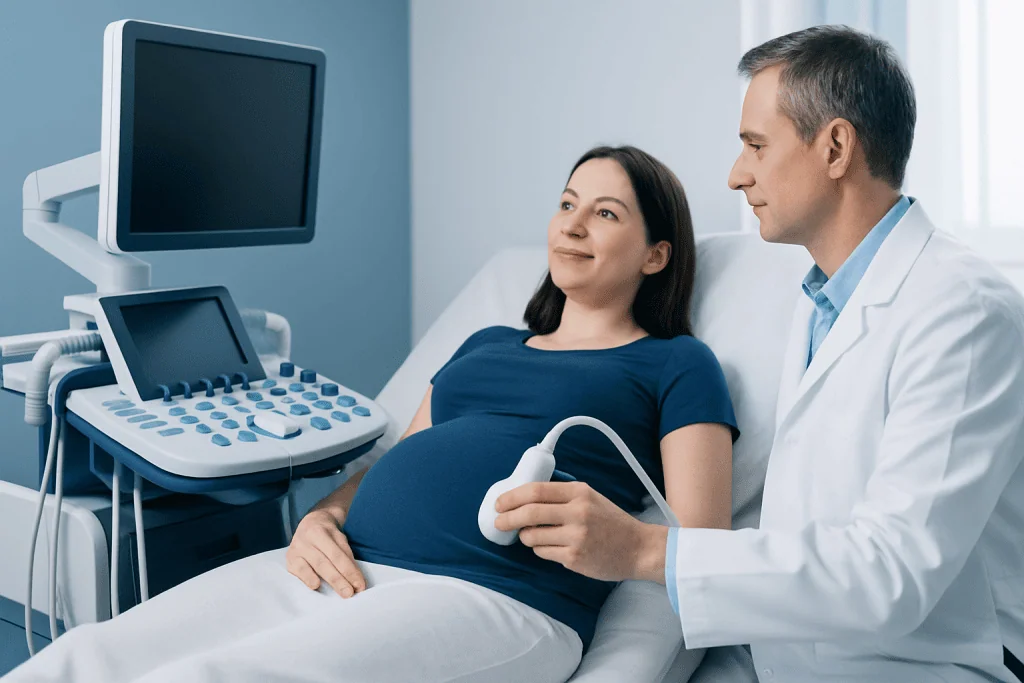 Pregnant woman undergoing ultrasound examination at hospital.