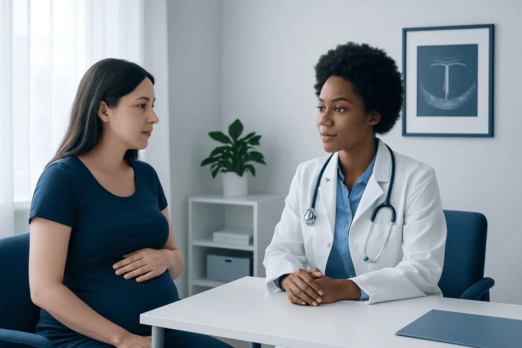 Pregnant woman consulting with a doctor in a medical office.