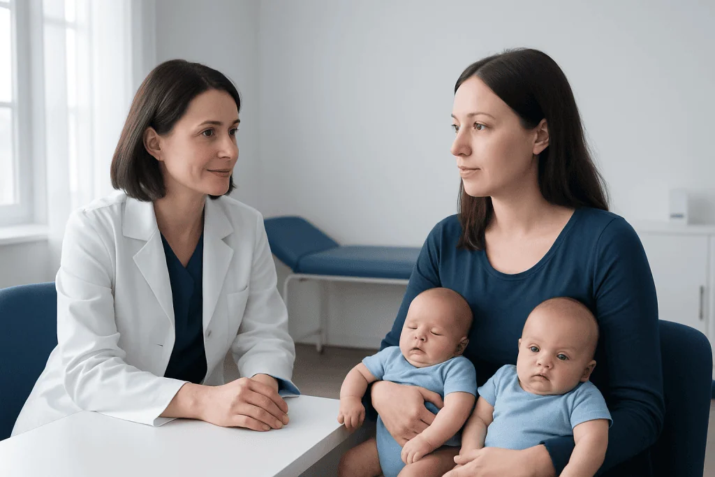 Doctor consulting with mother and twins in a medical office.