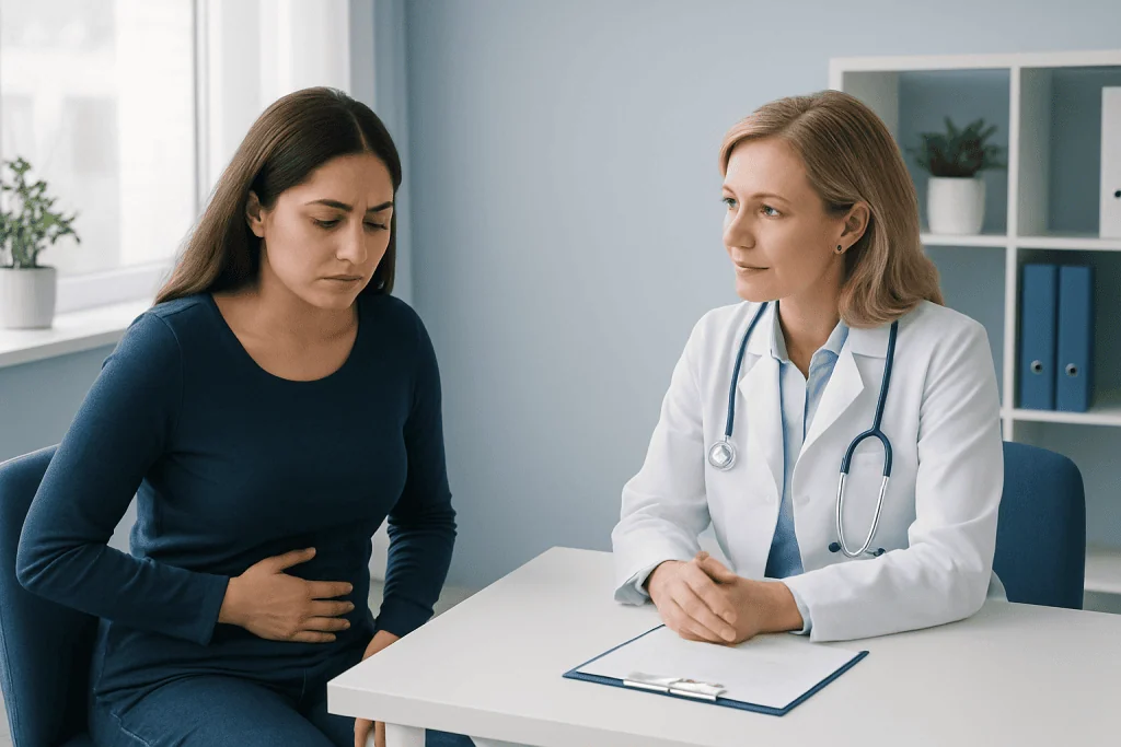 Doctor consulting with a woman experiencing abdominal pain at a clinic.