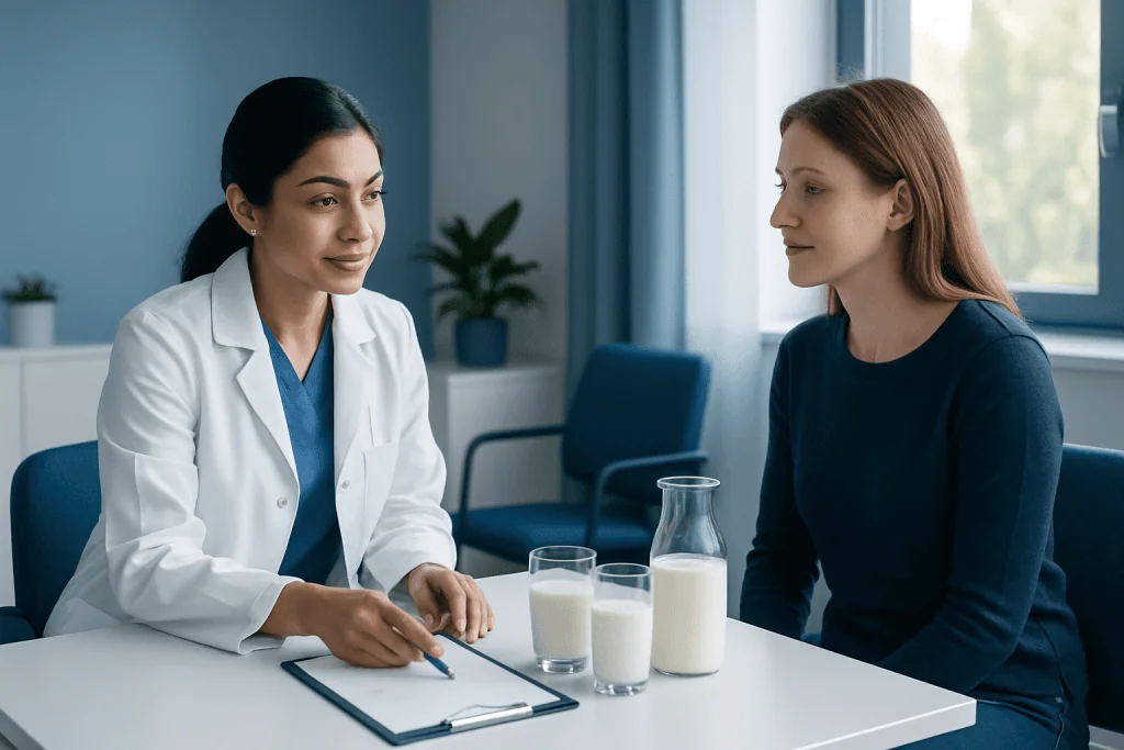 Doctor consulting with a patient about milk and nutrition in a clinical setting.