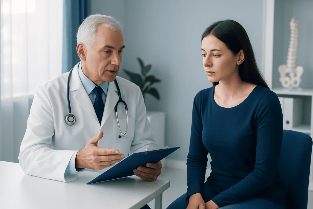 Doctor consulting with a female patient in a medical office.