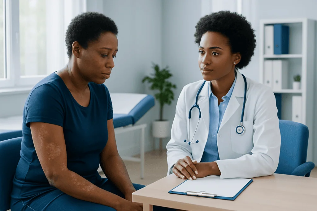 Doctor consulting with a patient with skin condition at a hospital.