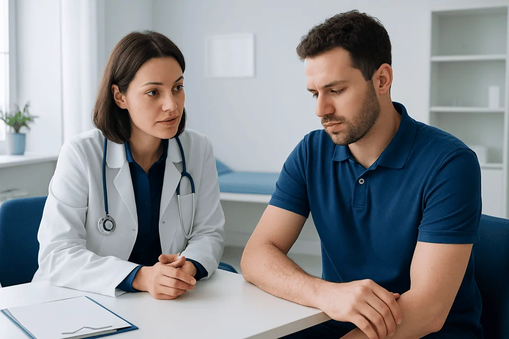 Doctor consulting male patient in a medical office setting.