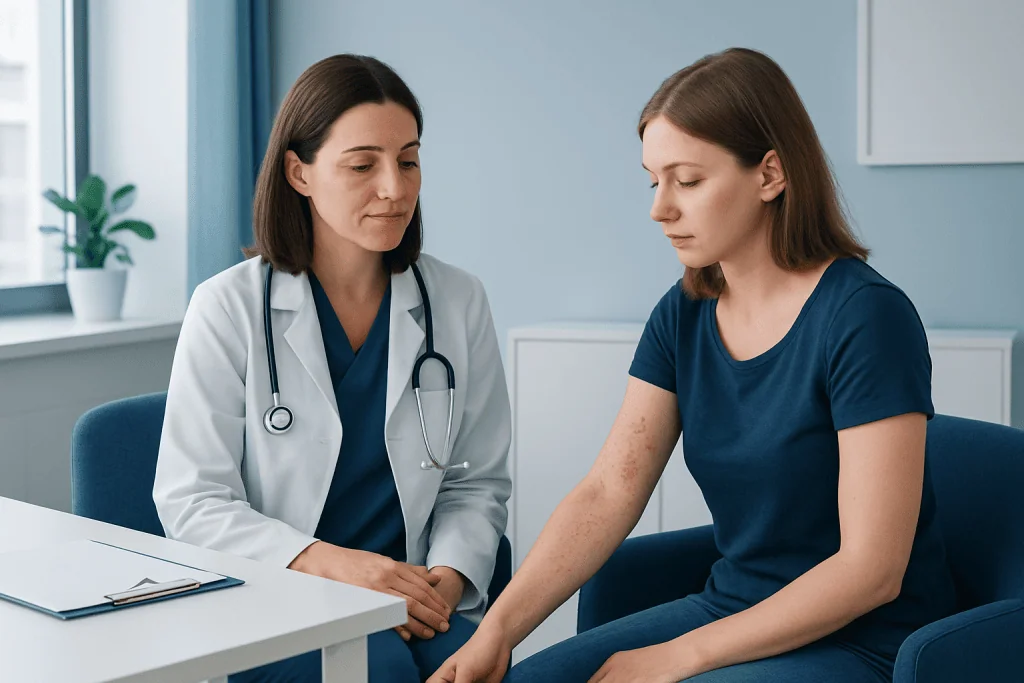 Doctor examining a patient's arm in a clinical setting.