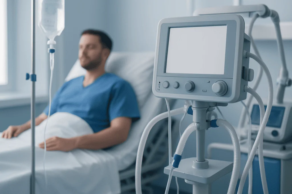Patient in hospital bed connected to medical ventilator equipment.