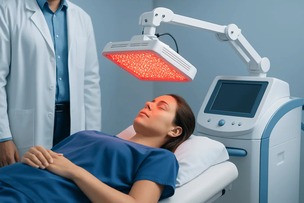 Patient receiving red light therapy treatment in a medical clinic.