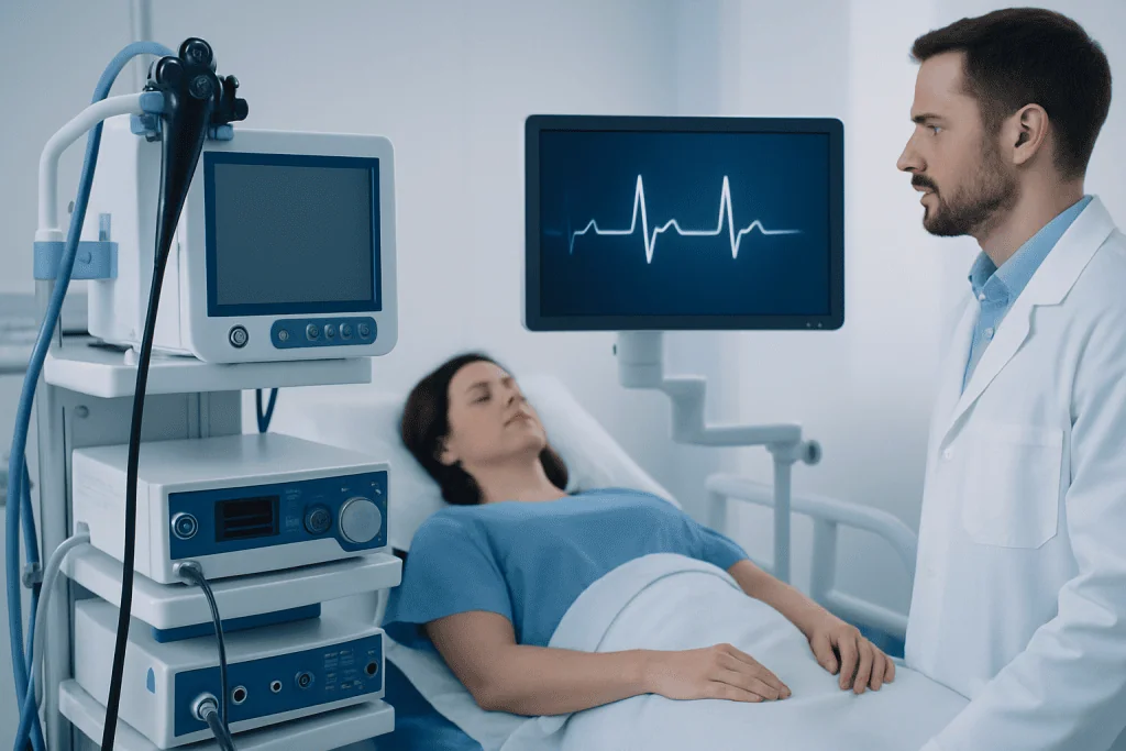 Doctor monitoring patient's heart in hospital setting for heart health assessment.
