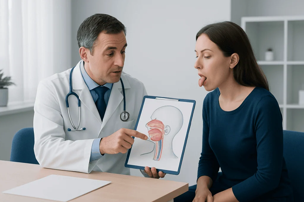 Doctor explaining acid reflux to a patient using a diagram of the digestive system.
