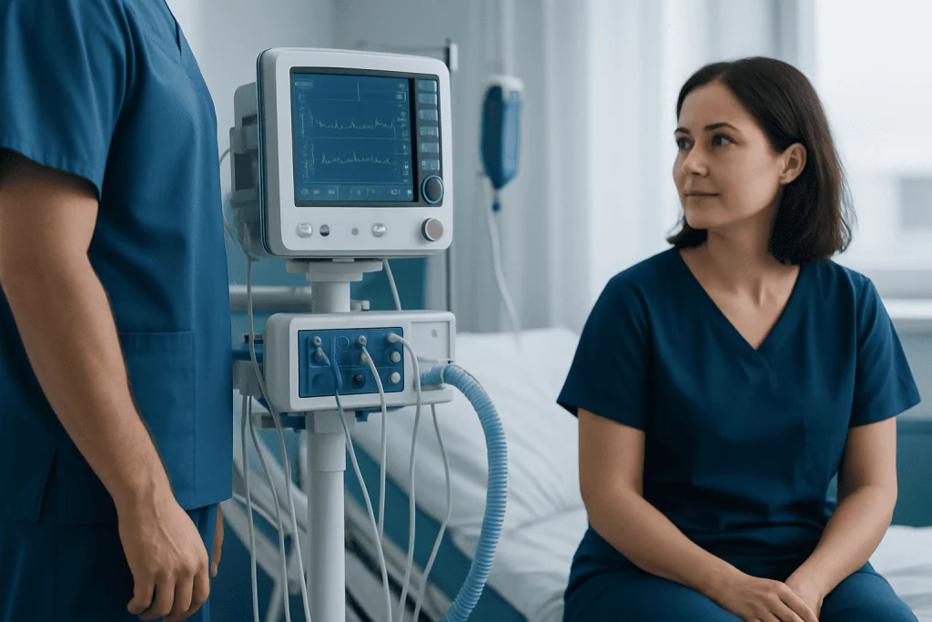 Medical professionals monitoring a patient with a heart rate monitor in a hospital room.