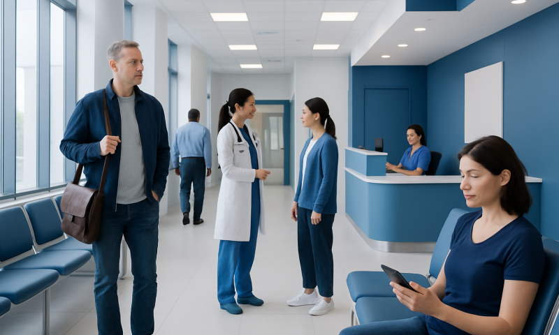 Patients and staff in a modern hospital reception area.