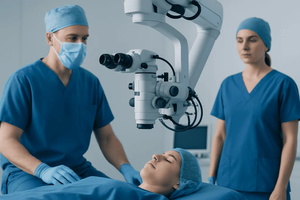 Surgeons performing a dermoid cyst removal surgery with advanced medical equipment.
