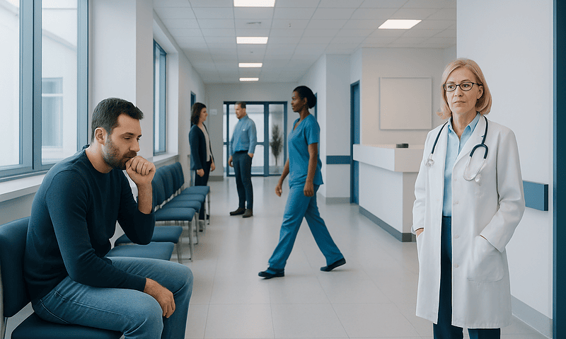 Doctor and patients in a hospital corridor.
