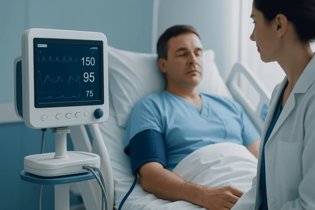 Patient with high blood pressure monitored after surgery in hospital.