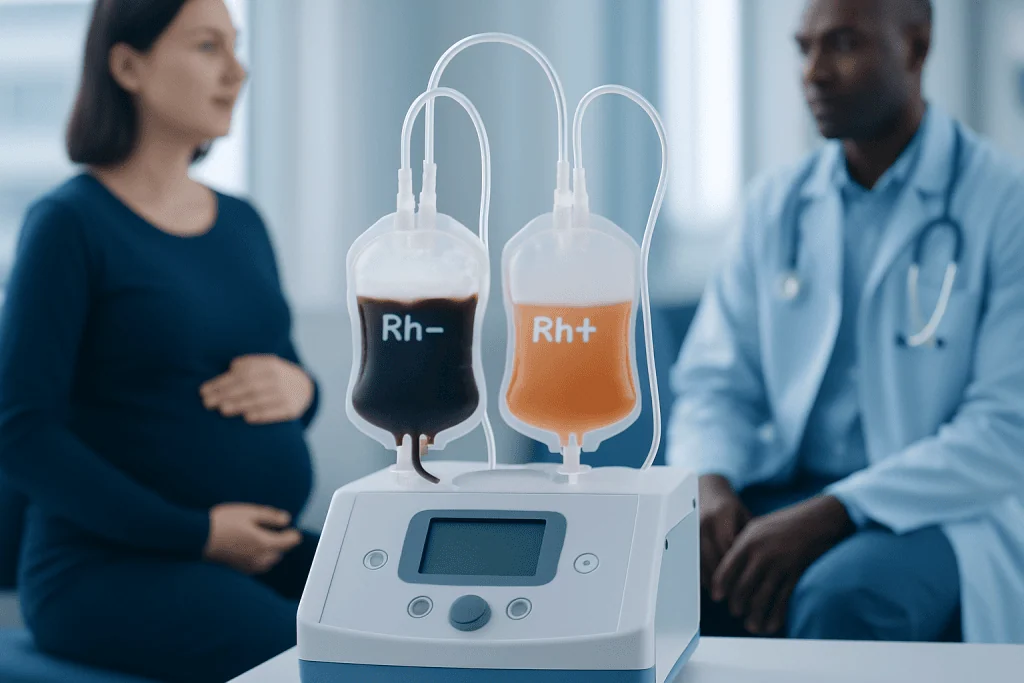 Blood type Rh factor testing with two blood bags labeled Rh- and Rh+.