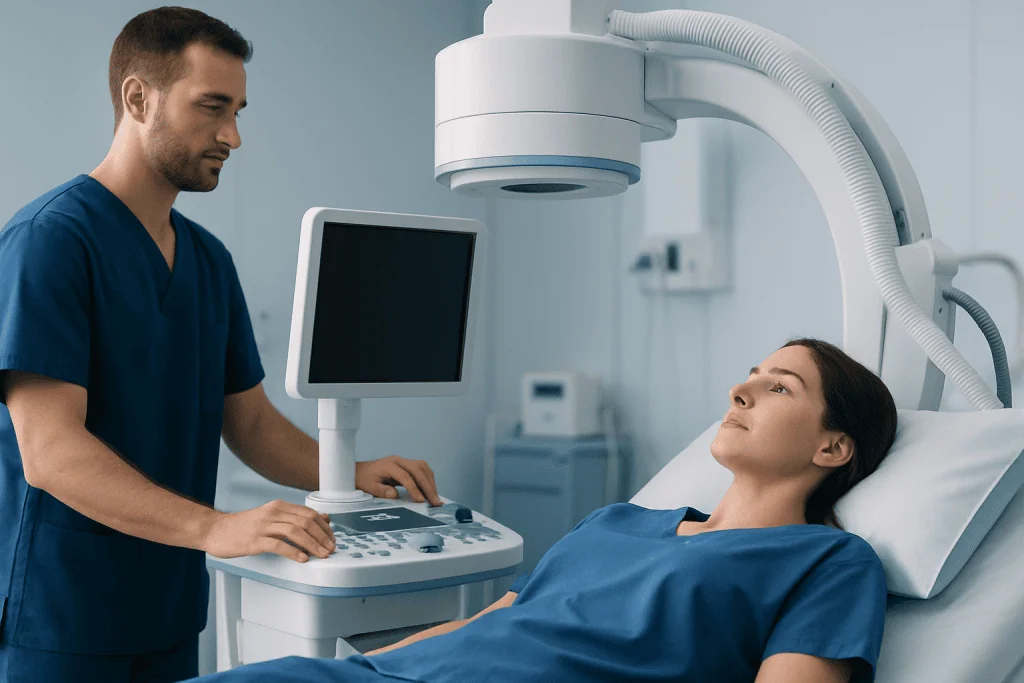 Medical professional performing ultrasound on patient in hospital room.
