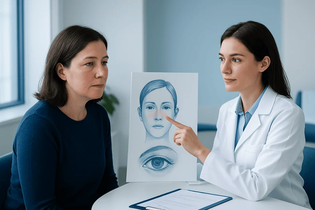 Dermatologist explains rosacea to patient with visual aids in clinic.