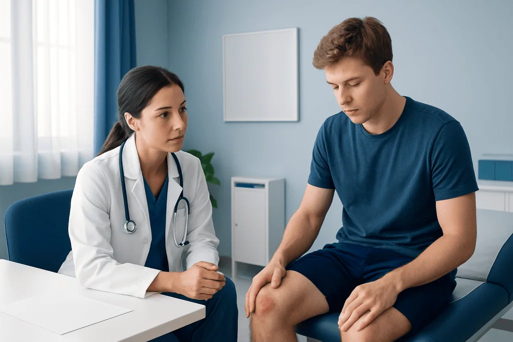 Doctor consulting with a patient about knee injury in a medical office.