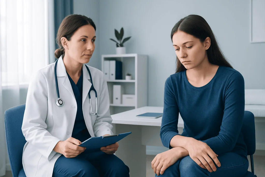 Doctor consulting with a young woman in a medical office setting.