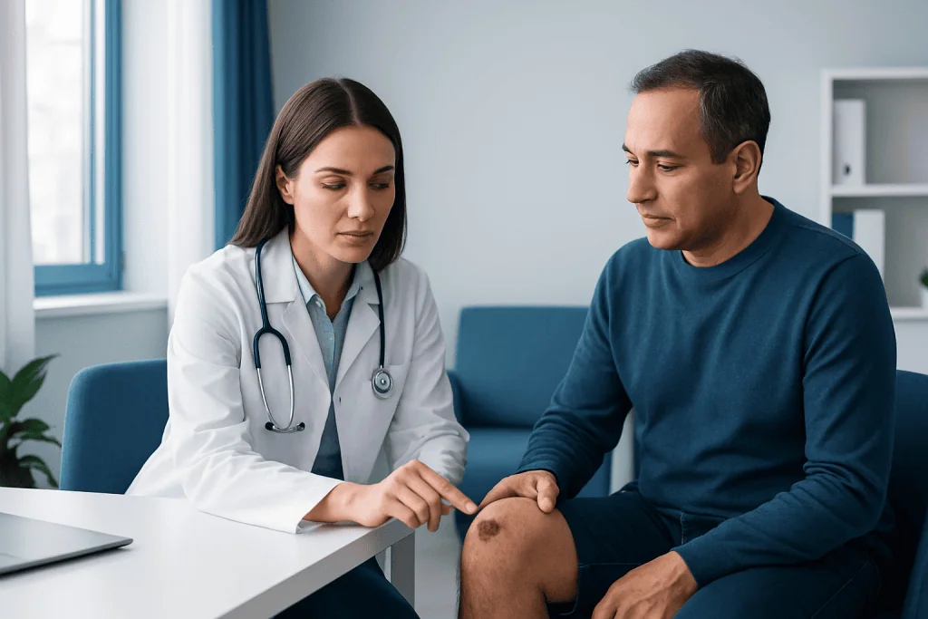 Doctor examining patient's knee with a skin infection or scab.