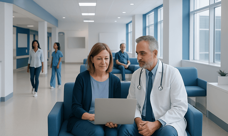 Remote Results Review After Returning Home: When to Book Your Next Check-In 5 Doctor consulting with a patient in a modern hospital corridor.