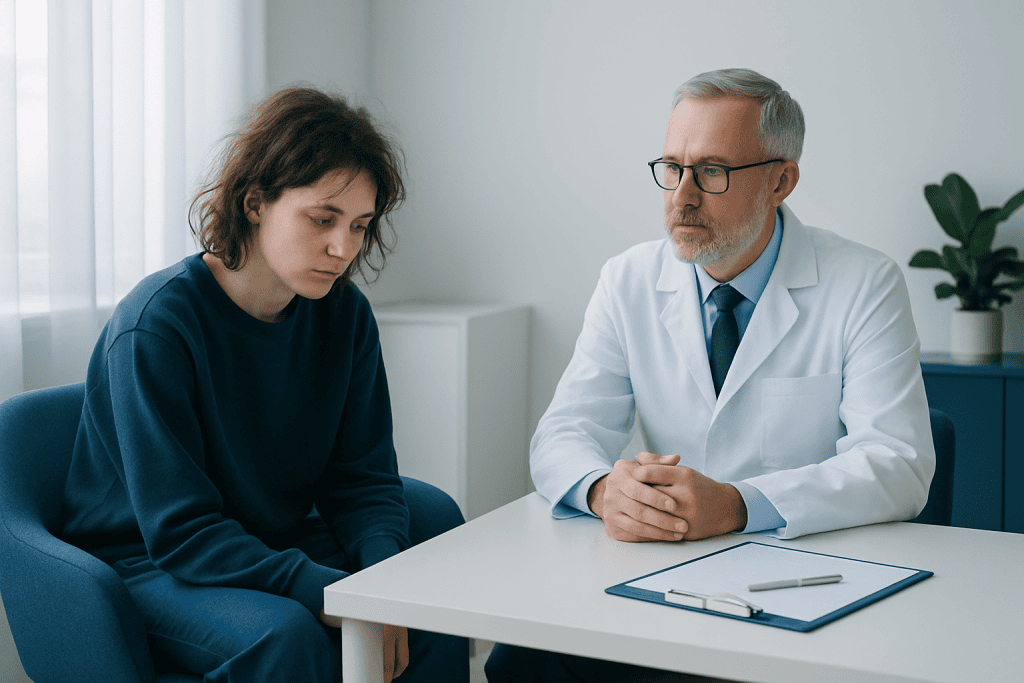 Psychiatrist consulting with a young woman in a medical office.
