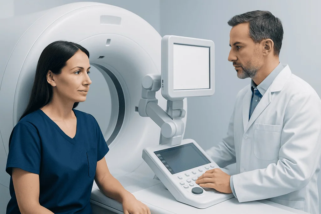 Medical professional explains MRI scan results to patient in hospital.