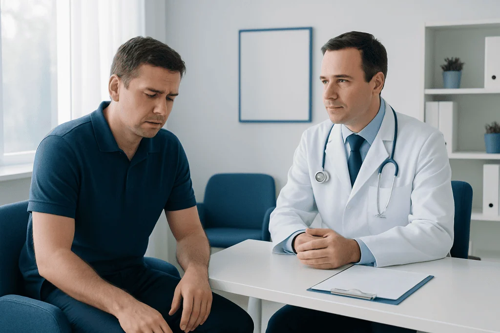 Doctor consulting with a patient in a modern medical office setting.