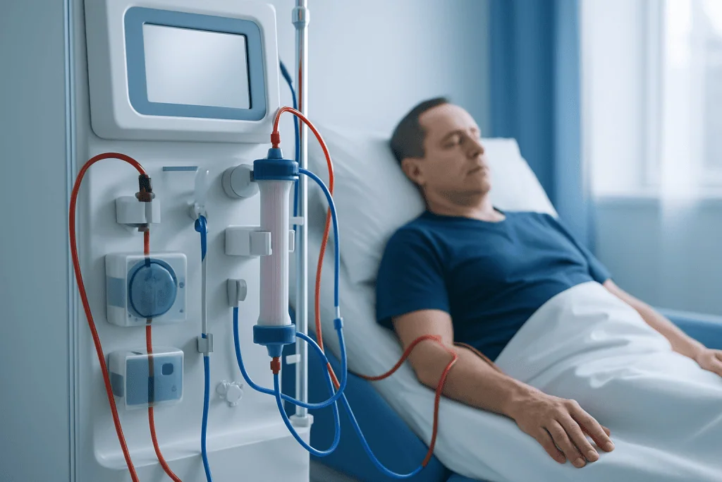 Patient receiving dialysis treatment in a hospital setting.